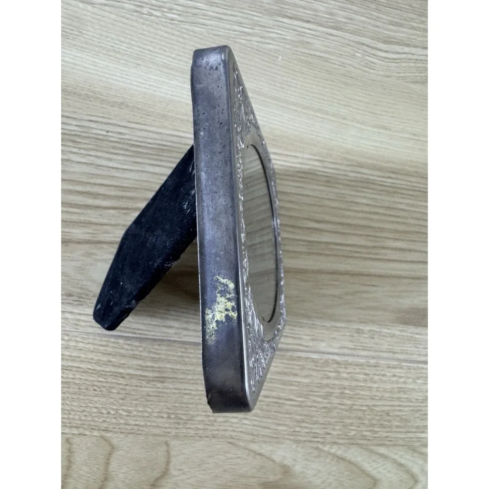 Vintage Pewter Tone Oval Picture Frame Floral Bow Ribbon Easel Back Cottage
